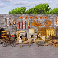 Rural Style Garden Ornaments with Brick Wall Hanging Chili Peppers Bamboo Baskets and Wooden Furniture