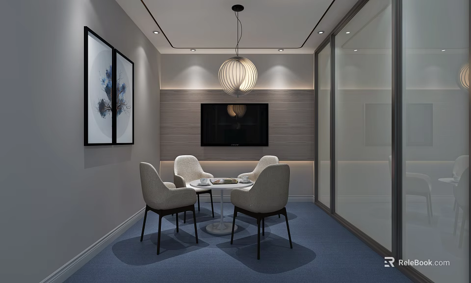 Modern Lounge Area with Round Table Chairs Pendant Light TV Paintings Blue Carpet Glass Partition 3d model 