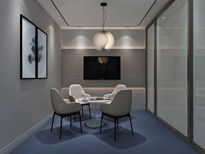 Modern Lounge Area with Round Table Chairs Pendant Light TV Paintings Blue Carpet Glass Partition 3d model