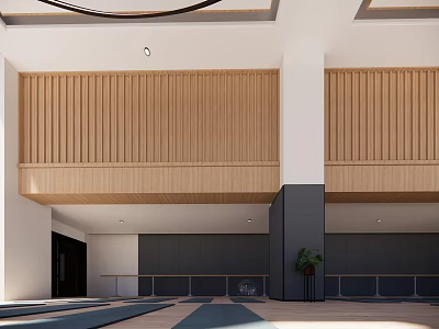 Modern Front Desk Reception Interior With Wooden Panels White Columns And Green Plant 3d model
