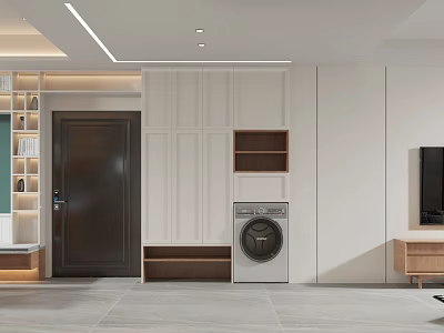 Modern Living and Dining Room Interior with Storage Cabinets Wooden Accents TV Washing Machine and Open Design 3d model