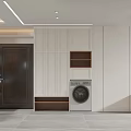 Modern Living and Dining Room Interior with Storage Cabinets Wooden Accents TV Washing Machine and Open Design