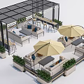 Stylish Outdoor Sofas In Patio With Umbrellas Greenery And Tables 3d model