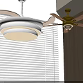 White Multi Layer Pendant Light With Ceiling Fan In Room With Window Blinds Wooden Wall
