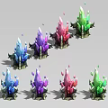 Colorful Crystal Decorations In Garden Landscape With Blue Purple Pink Green Hues