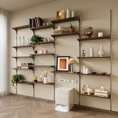 Stylish Modern Living Room Interior With Multi Tiered Wall Shelves And Decorative Books Plants Vases 3d model