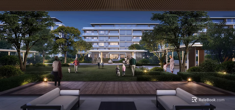 Modern Residential Area With Multistory Buildings Green Lawns And People Enjoying Outdoor Activities 3d model 
