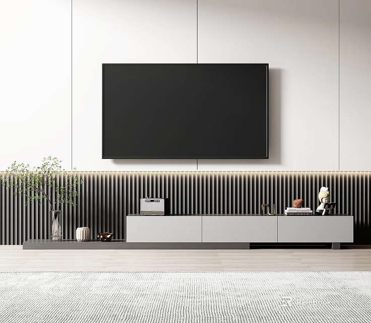 Modern TV Stand with Wall Mounted TV Wooden Stripes Background and Decor Items 3d model 