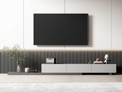 Modern TV Stand with Wall Mounted TV Wooden Stripes Background and Decor Items 3d model