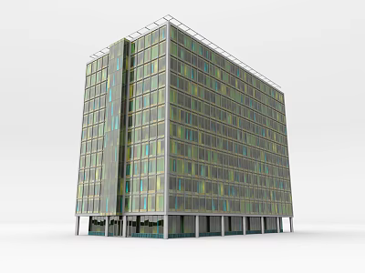 Modern Office Building With Multi Floor Glass Facade Green Yellow Glass Panels And Ground Columns 3d model