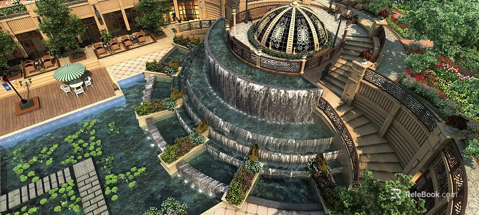Multi Tiered Water Fountain With Waterfall Feature Stone Steps And Ornamental Plants 3d model 