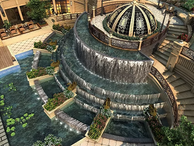 Multi Tiered Water Fountain With Waterfall Feature Stone Steps And Ornamental Plants 3d model