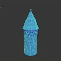 Blue Tower Model With Pointed Roof And Brick Textured Walls Featuring Small Windows