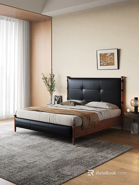 Modern Vintage Solid Wood Leather Bed For Cozy Stylish Bedroom Home Interior Decoration 3d model 