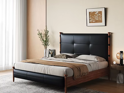 Modern Vintage Solid Wood Leather Bed For Cozy Stylish Bedroom Home Interior Decoration 3d model