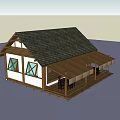 Wooden Cabin Exterior Design With Black Roof White Walls Porch And Chairs Tables