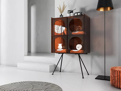 Modern Wooden Console Side Cabinet With Round Square Open Shelves And Metal Tripod Legs 3d model