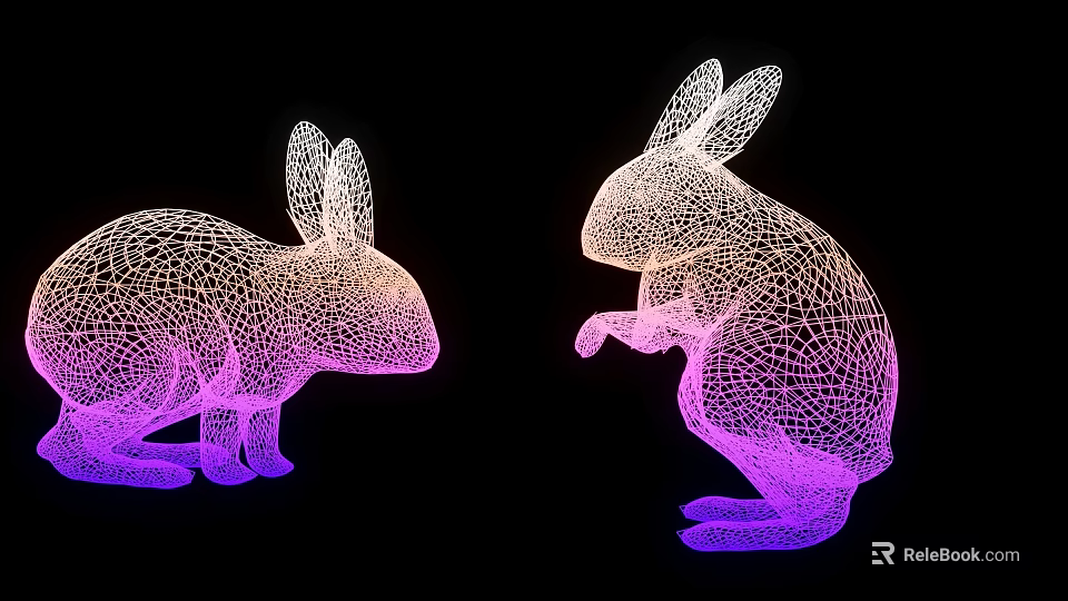 Rabbit Shaped Decorative Lights With Wireframe Gradient Purple Pink Standing Sitting Poses On Black Background 3d model