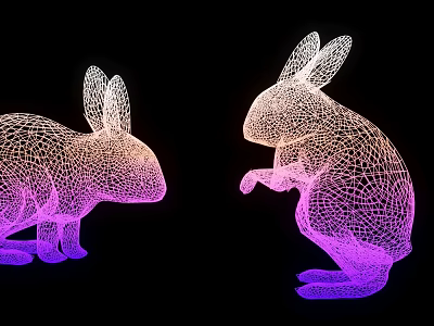 Rabbit Shaped Decorative Lights With Wireframe Gradient Purple Pink Standing Sitting Poses On Black Background 3d model