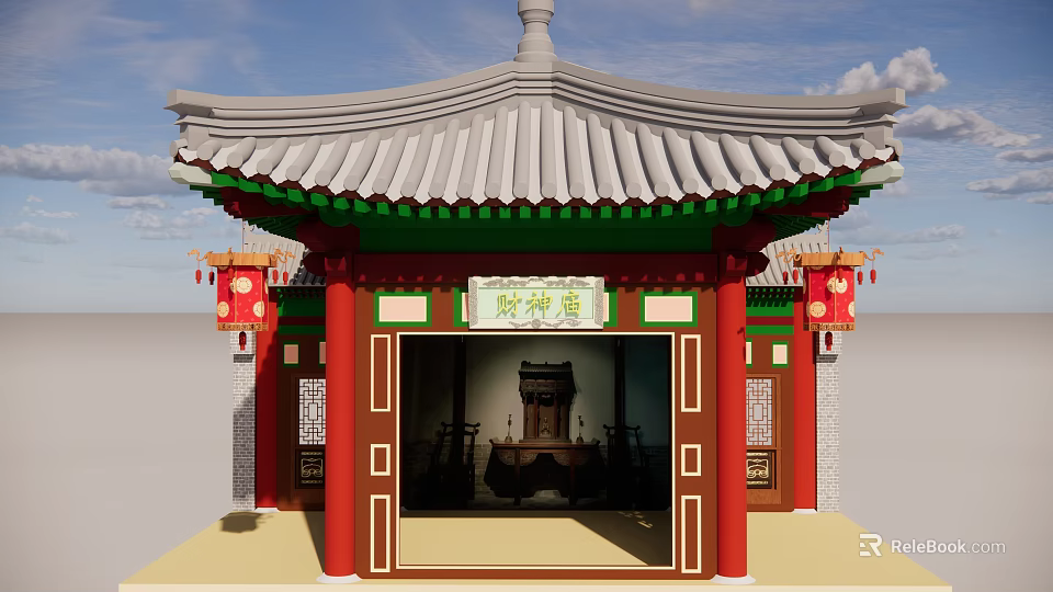 Ancient Chinese Architecture Traditional Pagoda Style With Roof Tiles Red Lanterns And Entrance Gate 3d model 