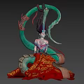 Game and Movie Character With Fantasy Design Elaborate Headdress Green Tentacle Accessories Red Patterned Dress