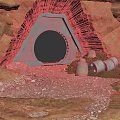 Underground Cave Entrance With Circular Portal Rock Walls And Metal Containers