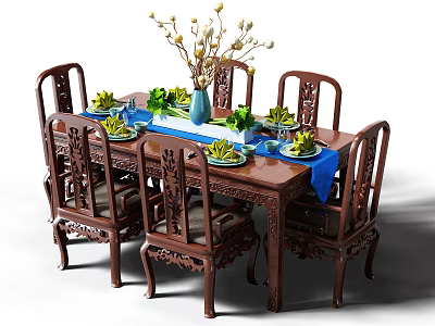 Chinese Style Carved Dining Table Set with Wooden Chairs Blue Table Runner and Flower Vase 3d model