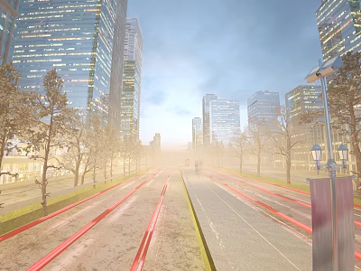 Modern Commercial Street With Tall Buildings Lined Trees And Pedestrian Walkways 3d model