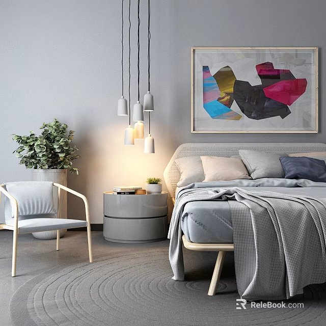 Modern Minimalist Double Bed With Abstract Painting Bedside Table And Pendant Lights In Bedroom 3d model 