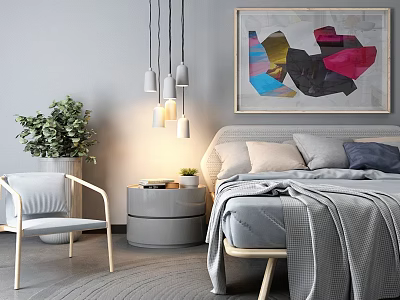 Modern Minimalist Double Bed With Abstract Painting Bedside Table And Pendant Lights In Bedroom 3d model