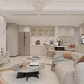 Modern Light Luxury Open Plan Living And Dining Room With Cozy Furnishings And Integrated Kitchen