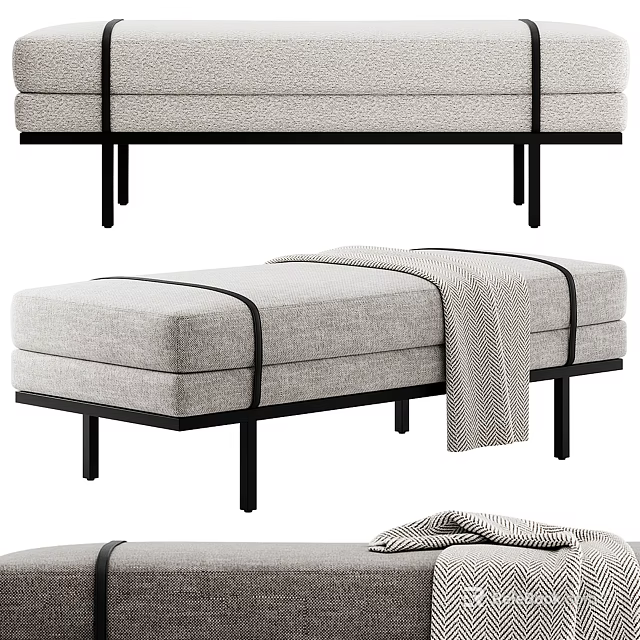 Modern Minimalist Upholstered Chaise Lounge With Light Gray Fabric Black Metal Legs And Throw Blanket 3d model 