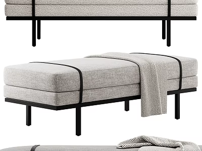 Modern Minimalist Upholstered Chaise Lounge With Light Gray Fabric Black Metal Legs And Throw Blanket 3d model