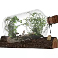 Decorative Ornament Set with Glass Bottle Green Plants Small Ornaments and Wooden Base