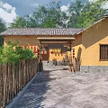 Traditional Garden Landscape With Earthen House Tile Roof Courtyard Chickens Red Decorations And Green Plants