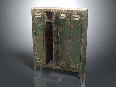 Vintage Green Metal Locker With Four Doors And One Open Door Showing Rusty Texture 3d model