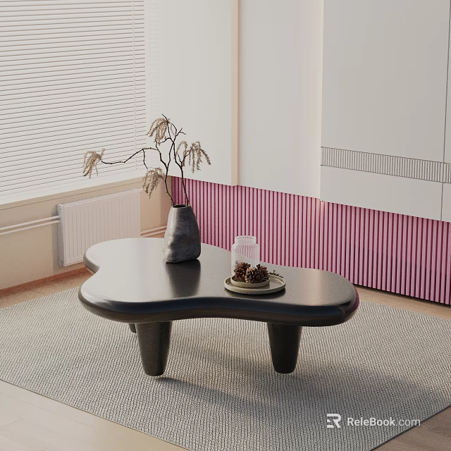 Modern Sofa And Unique Shaped Coffee Table Set With Vase Dried Branches Pink Striped Wall 3d model 