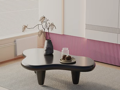 Modern Sofa And Unique Shaped Coffee Table Set With Vase Dried Branches Pink Striped Wall 3d model