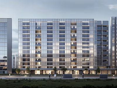 Modern High Rise Buildings with Glass Curtain Walls and Balconies in Urban Environment 3d model