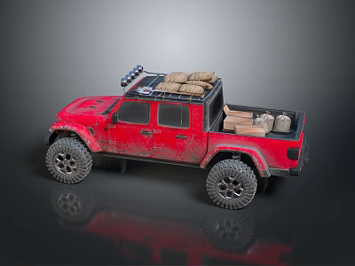 Red Off Road Vehicle With Roof Rack Cargo Bed And Large Off Road Tires 3d model
