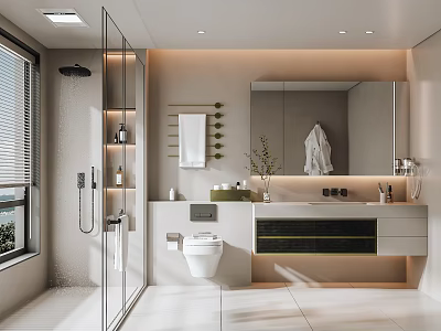Modern Bathroom Design Featuring Glass Shower White Toilet Marble Vanity Mirror And Green Plant 3d model