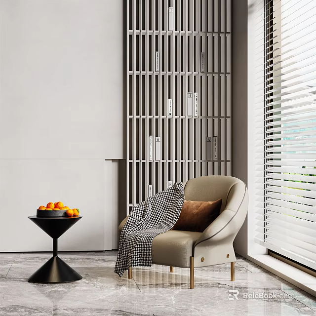 Elegant Modern Beige Accent Chair With Black Side Table Oranges Window Blinds Slatted Wall 3d model 