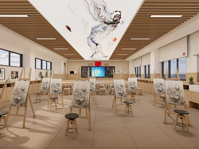 School Art Classroom Featuring Wooden Easels Student Artworks Ink Painting On Ceiling And Large Windows 3d model