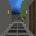 Homestay Building Entrance With Stone Path White Walls Lantern Lamps And Green Trees At Night
