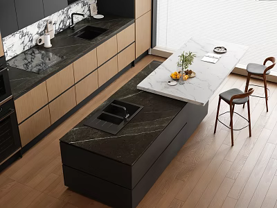 Modern Open Kitchen Interior With Black Cabinets Marble Countertops Island And Two Chairs 3d model