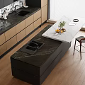 Modern Open Kitchen Interior With Black Cabinets Marble Countertops Island And Two Chairs