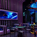 Futuristic KTV Interior With Neon Lighting Comfortable Seating And Large Screens