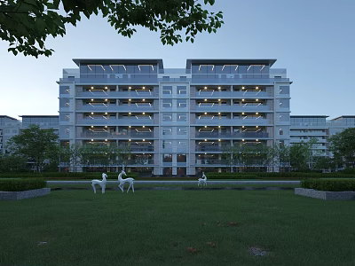 Modern Residential Building Exterior Design With Green Lawn Trees And White Sculptures 3d model