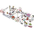 Colorful Amusement Rides With Ferris Wheel Carousel Roller Coaster And Teacups