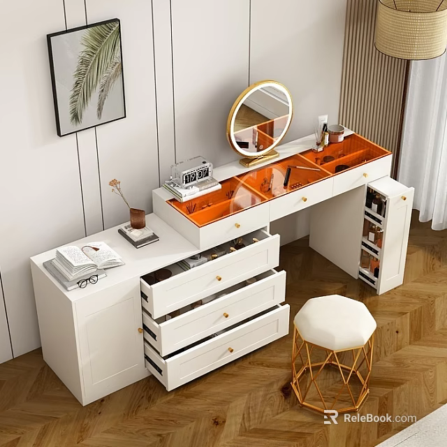 Modern White Dressing Table With Gold Framed Mirror Glass Top Multiple Drawers And Stool 3d model 